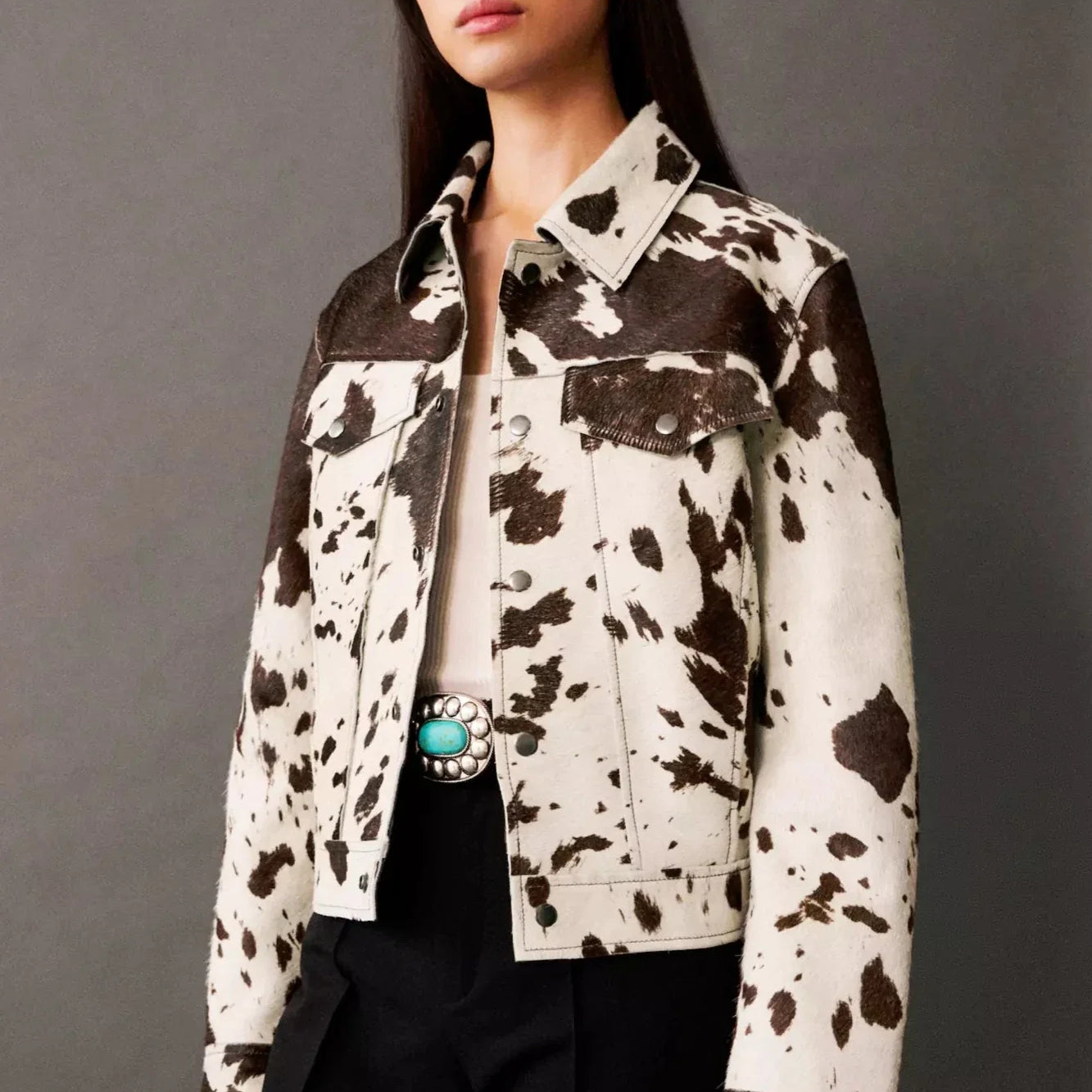 Cow Print Faux Fur Shirt-Style Jacket