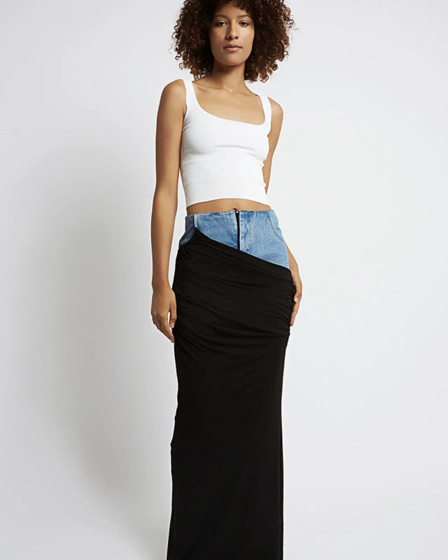 Black Ruched Denim Skirt