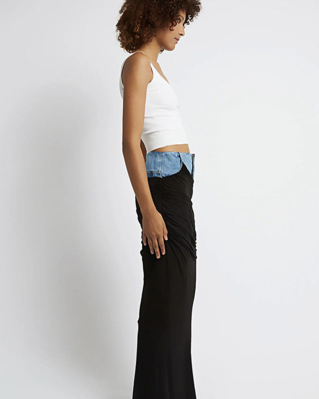Black Ruched Denim Skirt