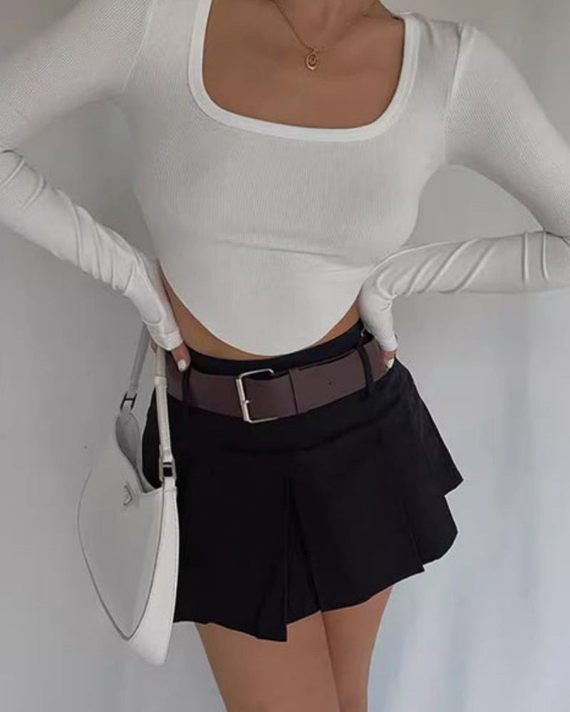 Square Neck Irregular Hem Long-sleeved Base Shirt