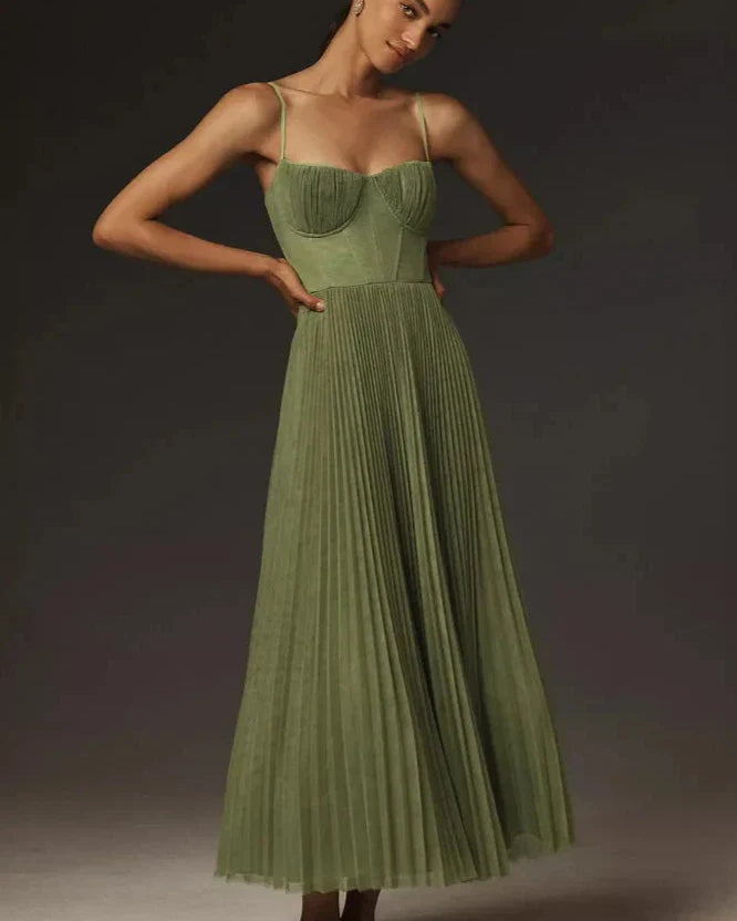 Bustier Pleated Tulle Fit & Flare Midi Dress