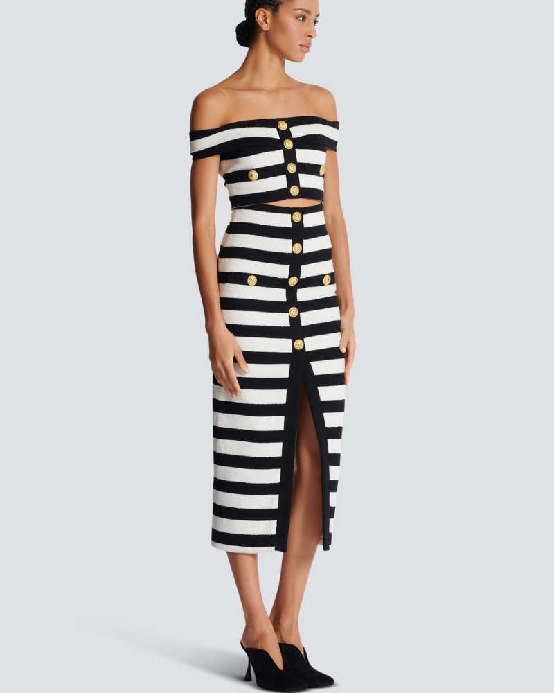Alizey Off Shoulder Slit Striped Buttoned Skirt Set