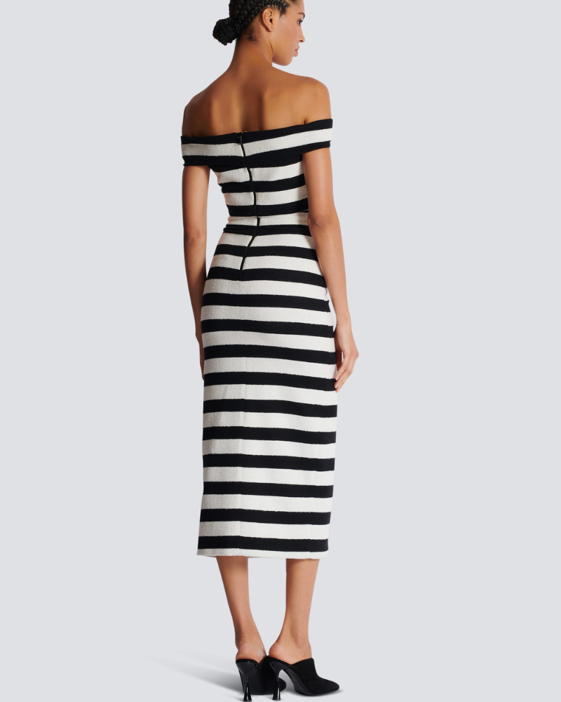 Alizey Off Shoulder Slit Striped Buttoned Skirt Set