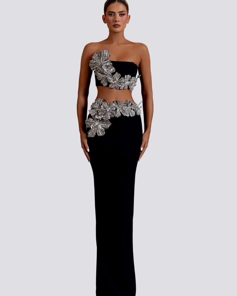 Allese Strapless Floral Rhinestone Skirt Set