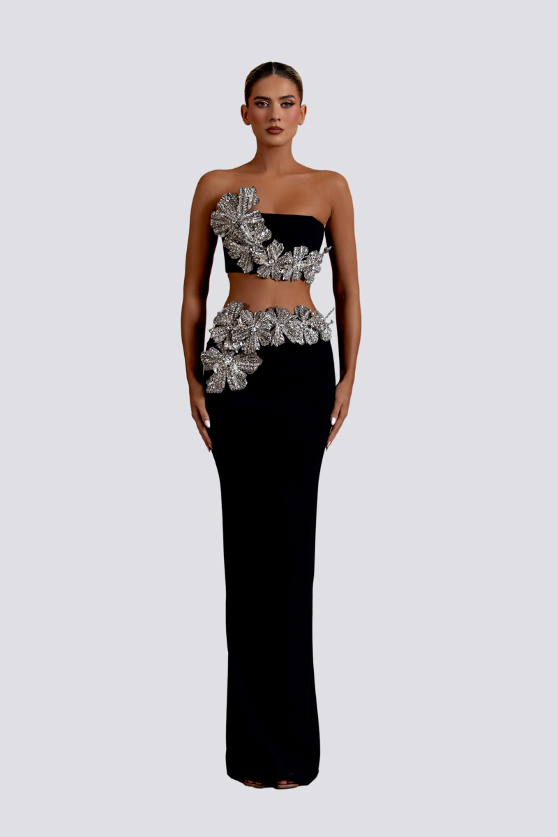 Completo gonna con strass floreali senza spalline Allese