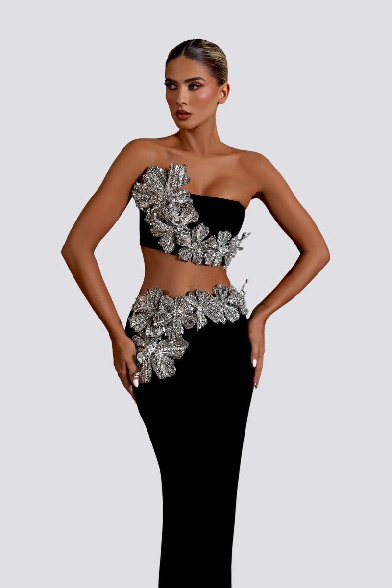 Completo gonna con strass floreali senza spalline Allese