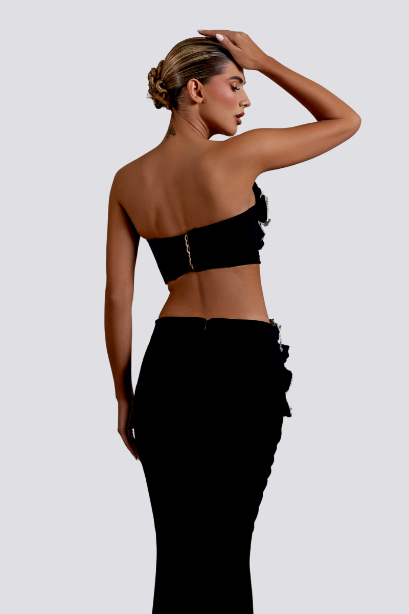 Completo gonna con strass floreali senza spalline Allese