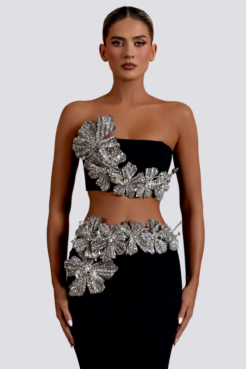 Completo gonna con strass floreali senza spalline Allese